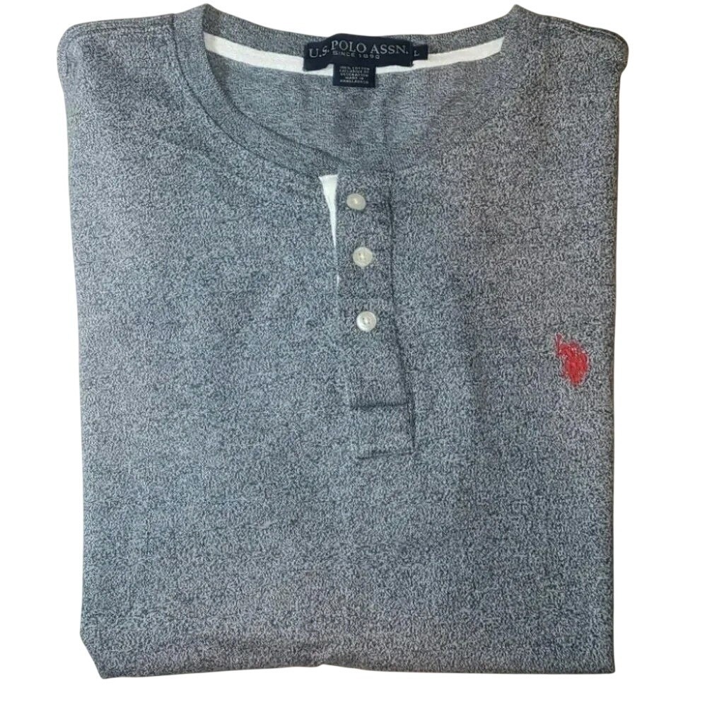 U.S. Polo Assn. Henley Shirt Large Gray Short Sleeve Cotton Embroidered Logo